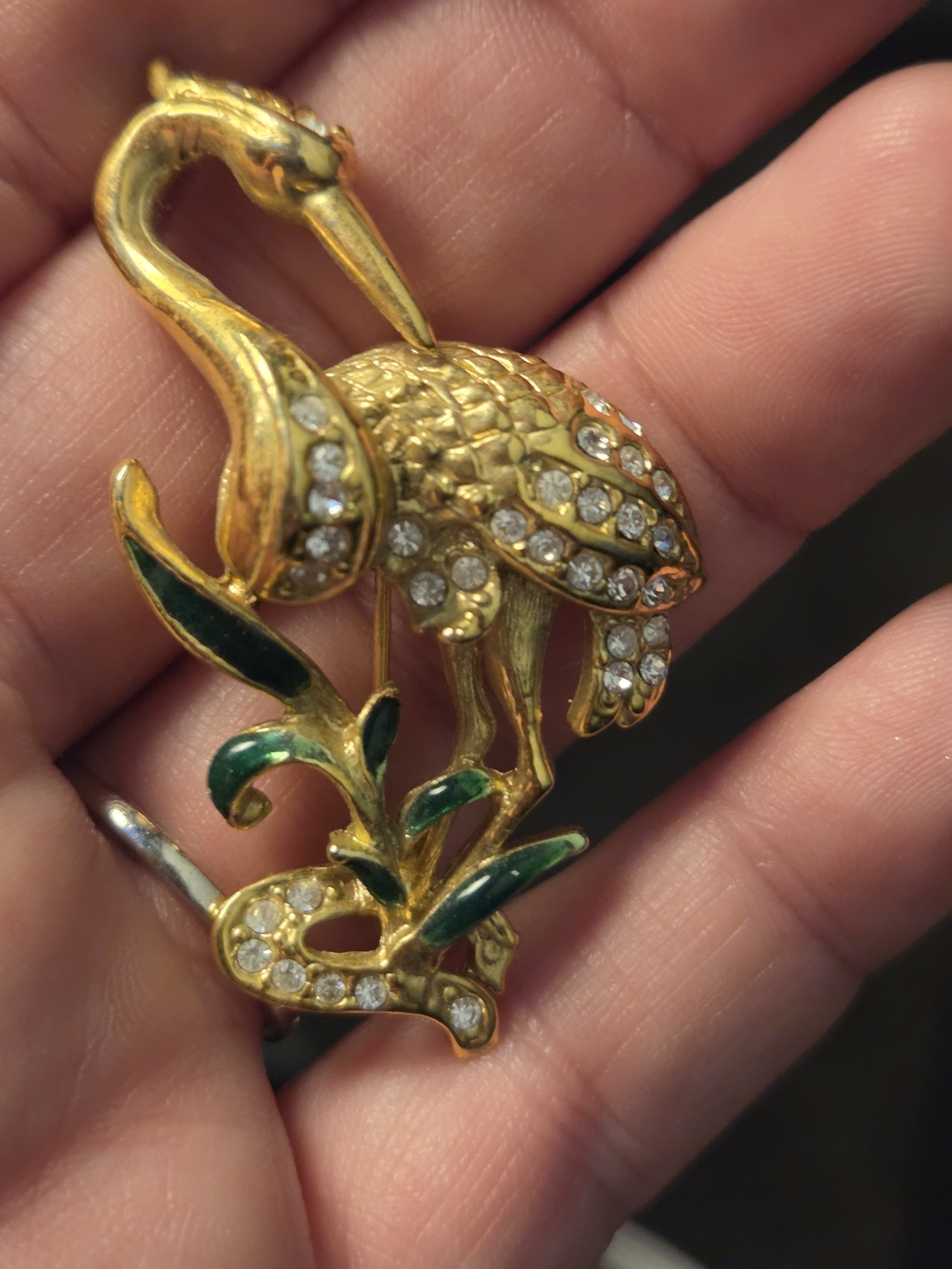 Gold-tone Heron Brooch with Green Emerald and Clear Crystals
